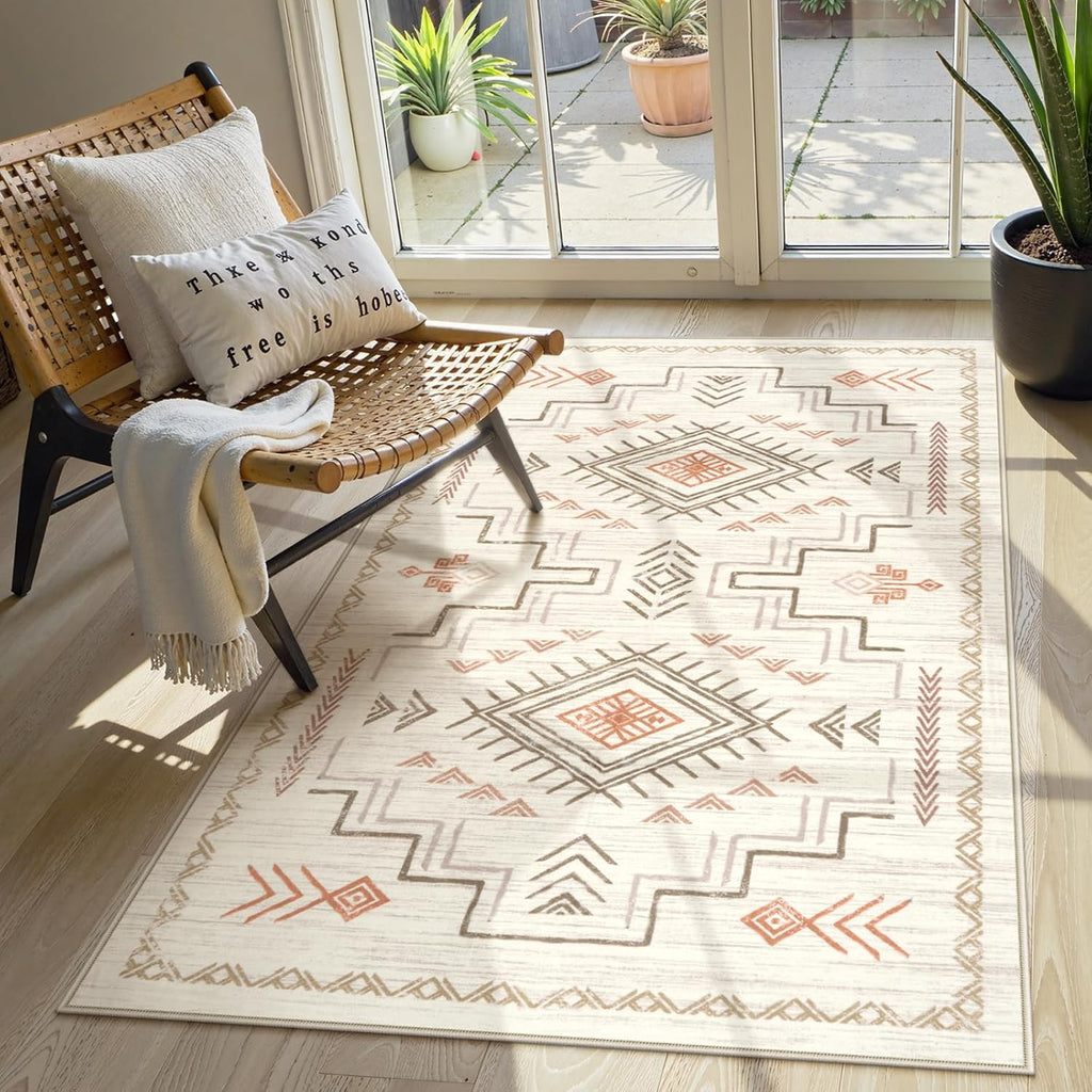 Washable 3x5 Area Rug for Entryway Bedroom Kitchen, Non Slip Low Pile Beige Pattern Carpet Indoor Floor Mat