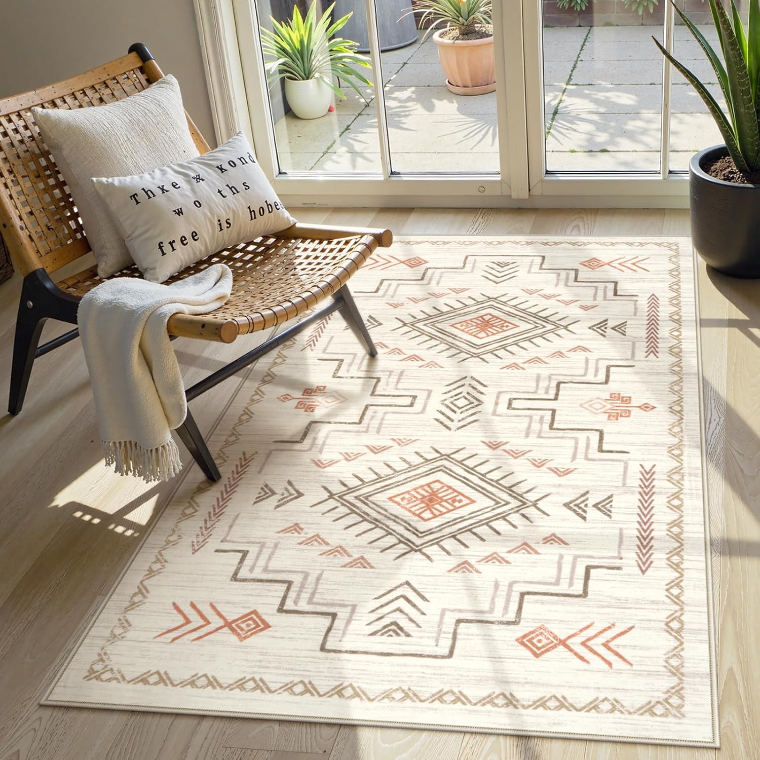 Washable 3x5 Area Rug for Entryway Bedroom Kitchen, Non Slip Low Pile Beige Pattern Carpet Indoor Floor Mat