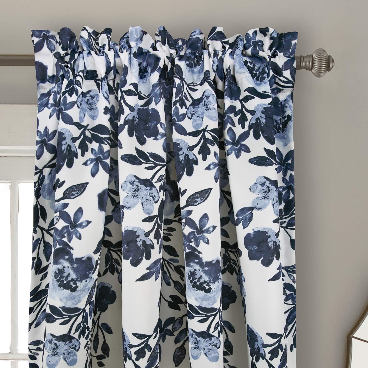 Curtains - Light Filtering Window Panel Set, Pair - Floral Vine Print, Beautiful, Modern, Elegant Home Decor - 52" W x 84" L, Navy & White