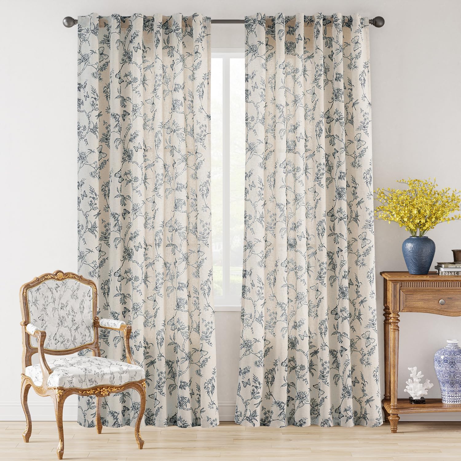 Blue Floral Curtains 84 Inch Length Linen Farmhouse Curtain Back Tab Drapes for Living Room Bedroom Light Filtering Vintage Rod Pocket Curtains, 2 Panels, Blue on Beige
