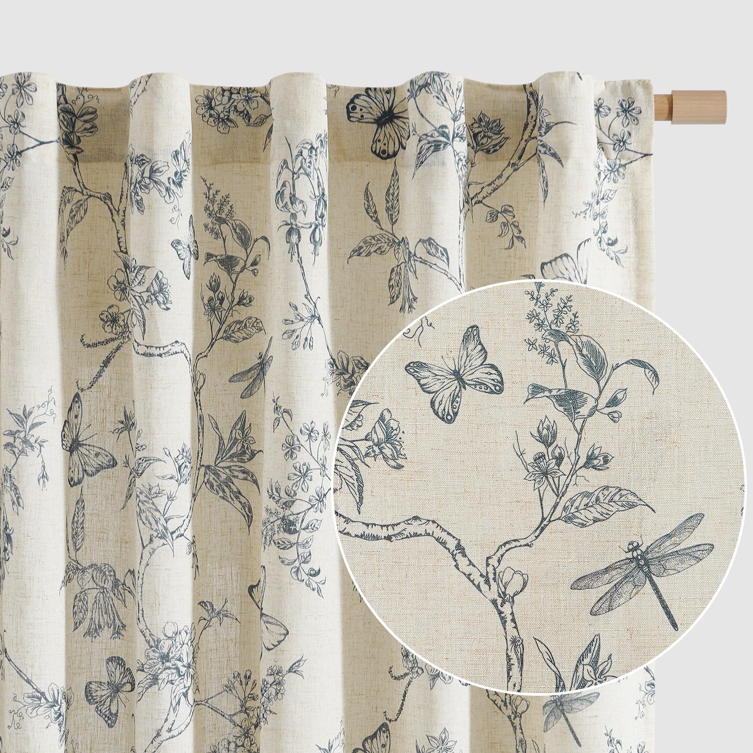 Blue Floral Curtains 84 Inch Length Linen Farmhouse Curtain Back Tab Drapes for Living Room Bedroom Light Filtering Vintage Rod Pocket Curtains, 2 Panels, Blue on Beige