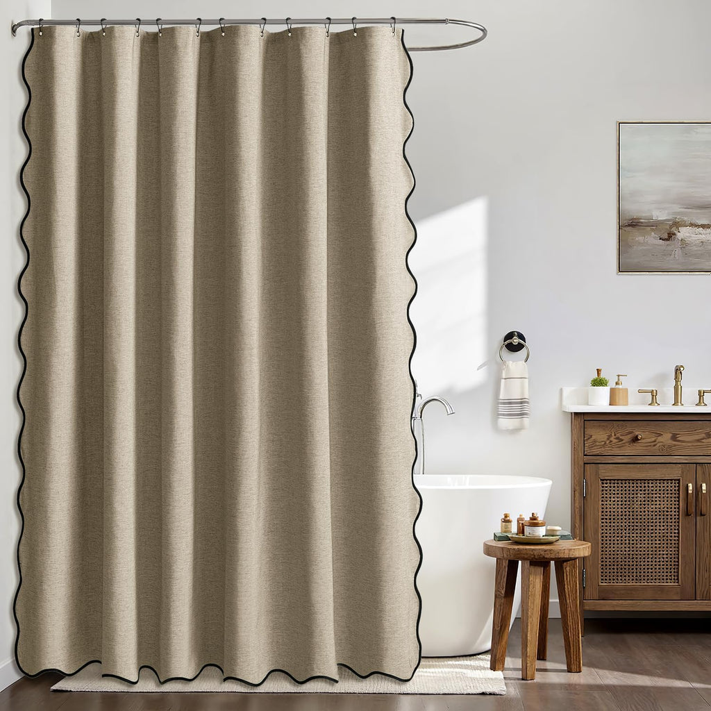 Scalloped Shower Curtain Linen Textured with 12 Metal Hooks Cute Heavy Duty Washable Waterproof Thick Cloth Shower Curtains with Black Border for Bathroom Hotel Bathtub,W72*L72