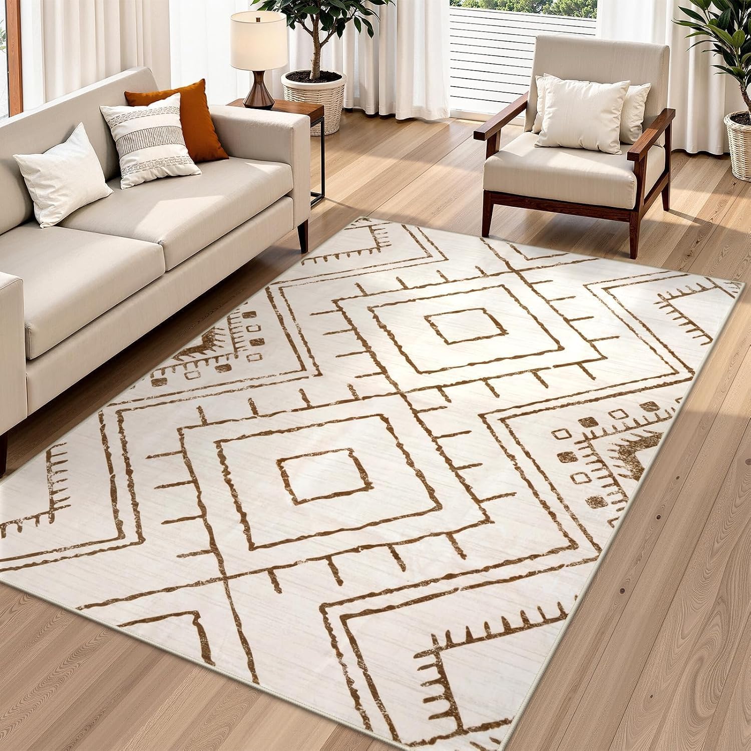 Beige 5x7 Area Rug for Living Room Bedroom, Soft Low Pile Geometric Carpet, Non Slip Washable Indoor Floor Rug