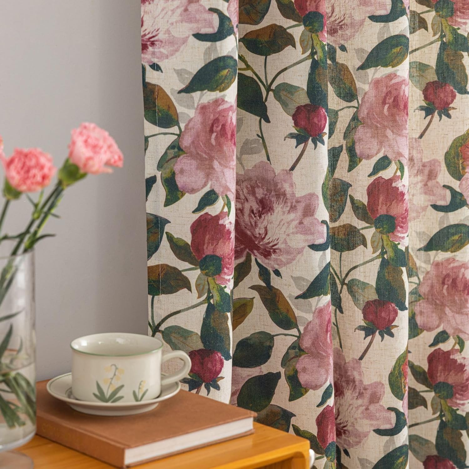 Floral Linen Curtains for Living Room 63 Inch Length Pink Flower Printed Pattern Shabby Chic Curtains Short  Curtains for Bedroom Spring Light Filtering Drapes Set of 2 Panels 50" W x 63" L