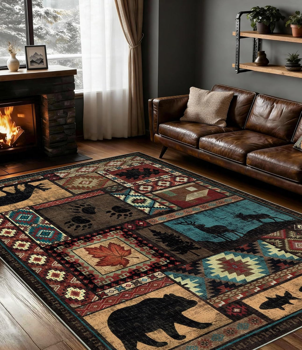 Modern Cabin Style Area Rug 5x7 for Living Room Bedroom, Washable Non Slip Low Pile Indoor Carpet with Animal Pattern
