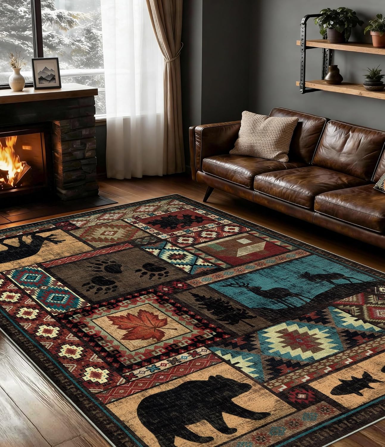Modern Cabin Style Area Rug 5x7 for Living Room Bedroom, Washable Non Slip Low Pile Indoor Carpet with Animal Pattern
