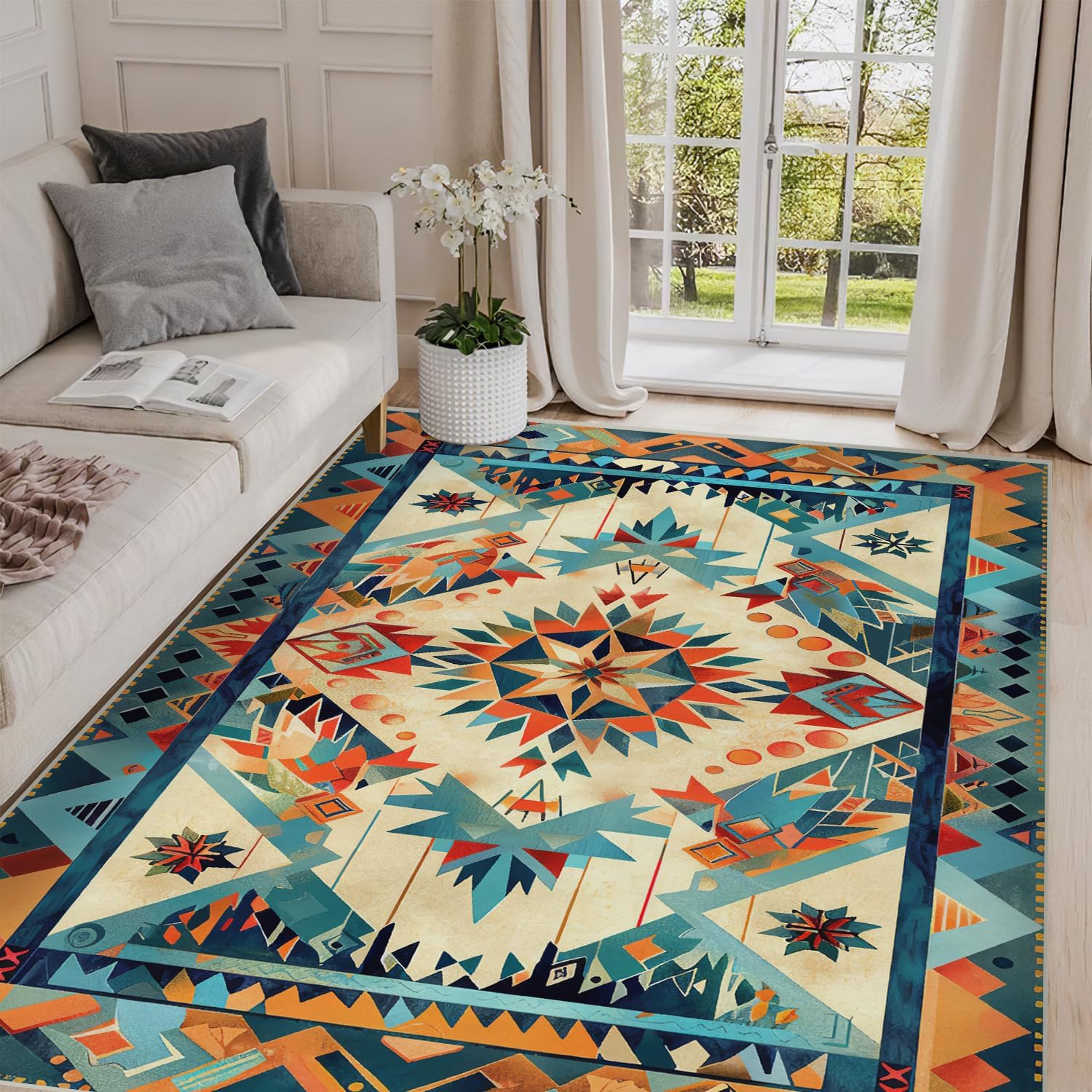 Pattern Area Rug 5x7 for Living Room Bedroom, Soft Low Pile Washable Carpet with Geometric Design, Orange Blue