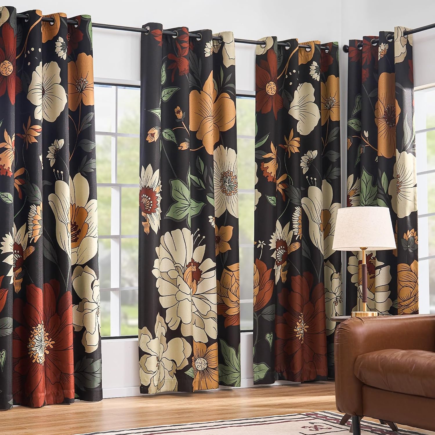Vintage Floral Curtains for Bedroom Blackout Drapes for Living Room Darkening Linen Textured Flower Patterned Curtains Printed Drapes 84 Inches Length 2 Panels Set with Grommet