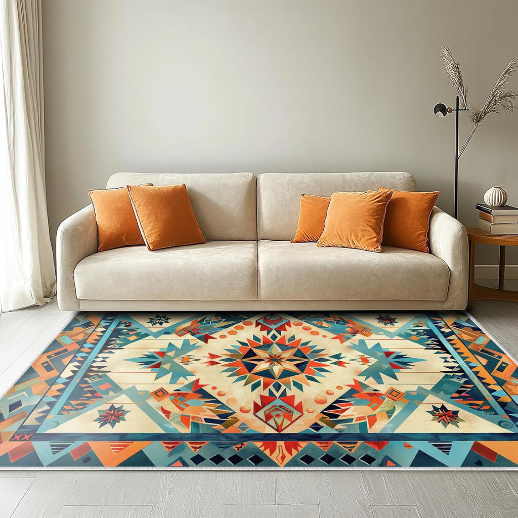 Pattern Area Rug 5x7 for Living Room Bedroom, Soft Low Pile Washable Carpet with Geometric Design, Orange Blue