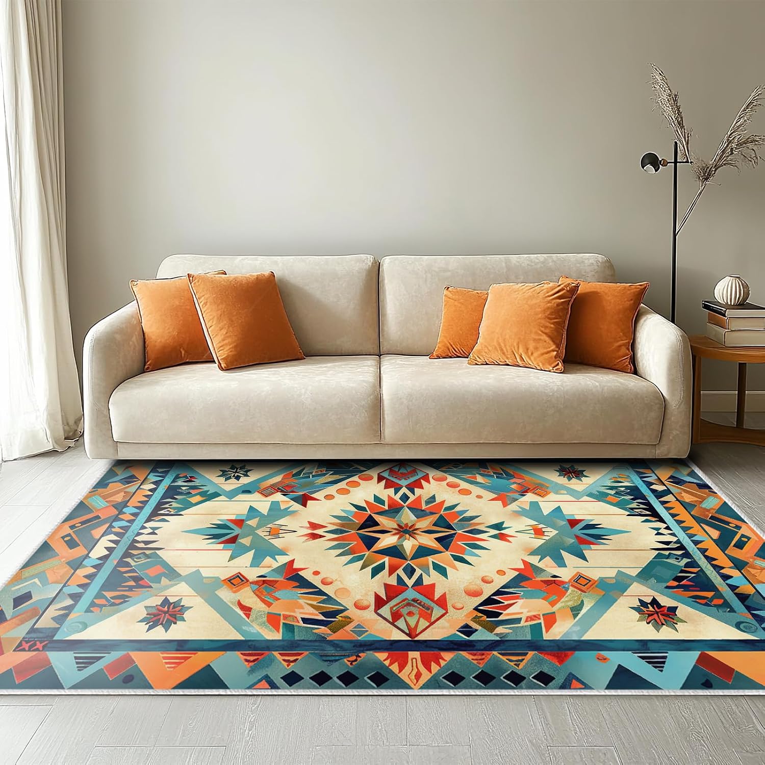 Pattern Area Rug 5x7 for Living Room Bedroom, Soft Low Pile Washable Carpet with Geometric Design, Orange Blue