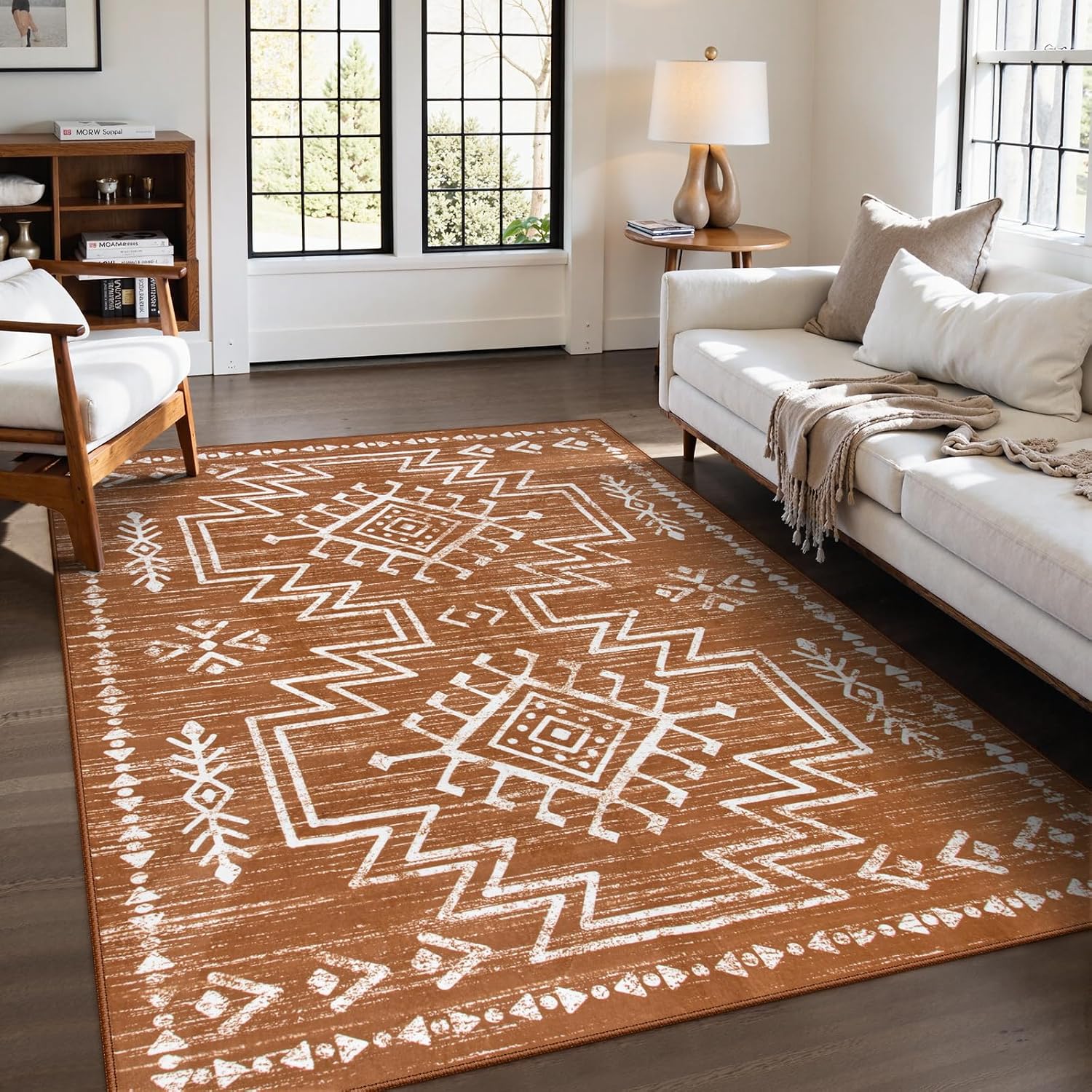 Soft 5x7 Area Rug for Living Room Bedroom, Washable Low Pile Carpet with Orange Pattern, Stain Resistant Indoor Floor Rug
