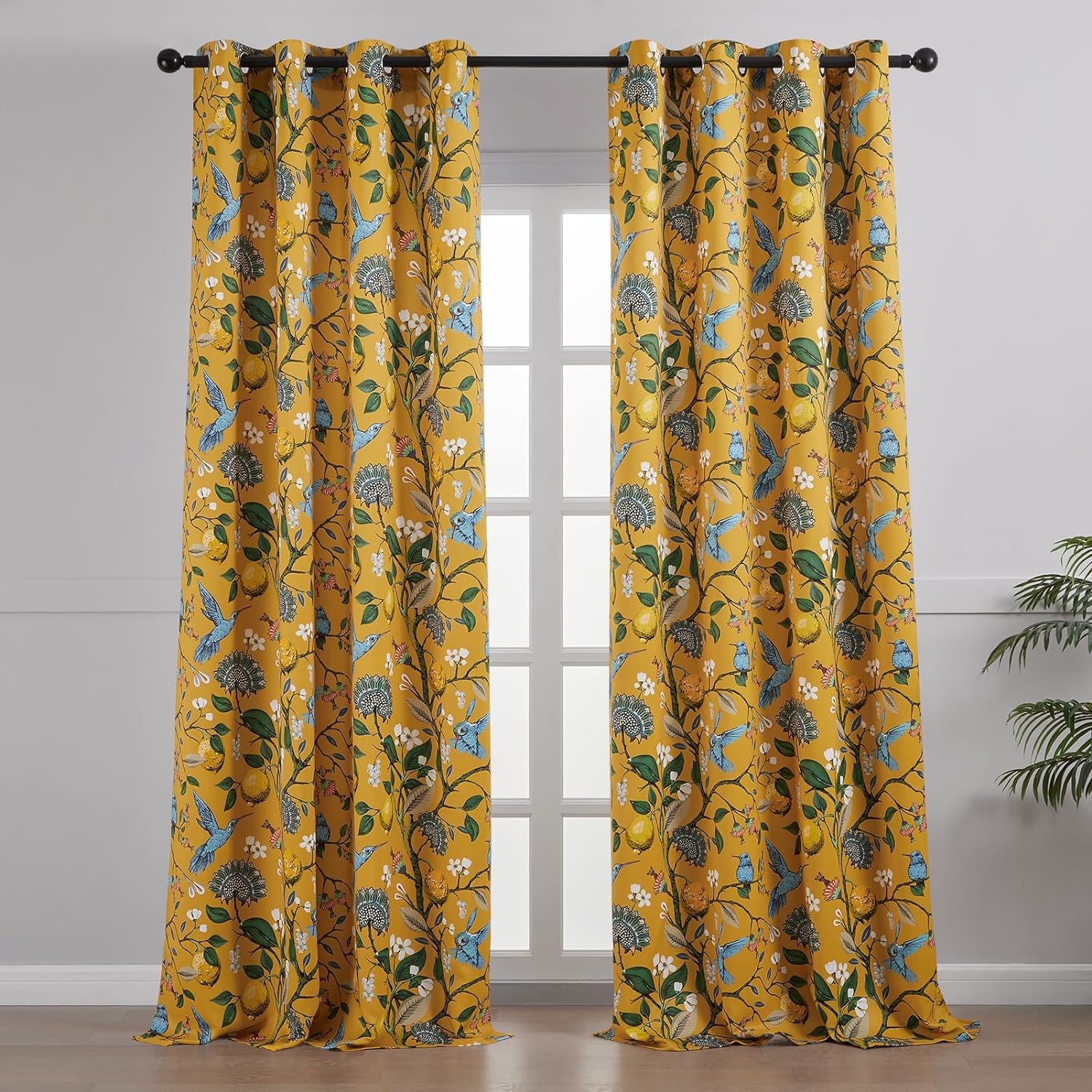 Mustard Yellow Vintage Curtains & Drapes 84 Inches Long, Grommet Luxury Whimsical Floral Lemon Hummingbird Patterned  Mid Century Colorful Blackout Drapes for Living Room Bedroom