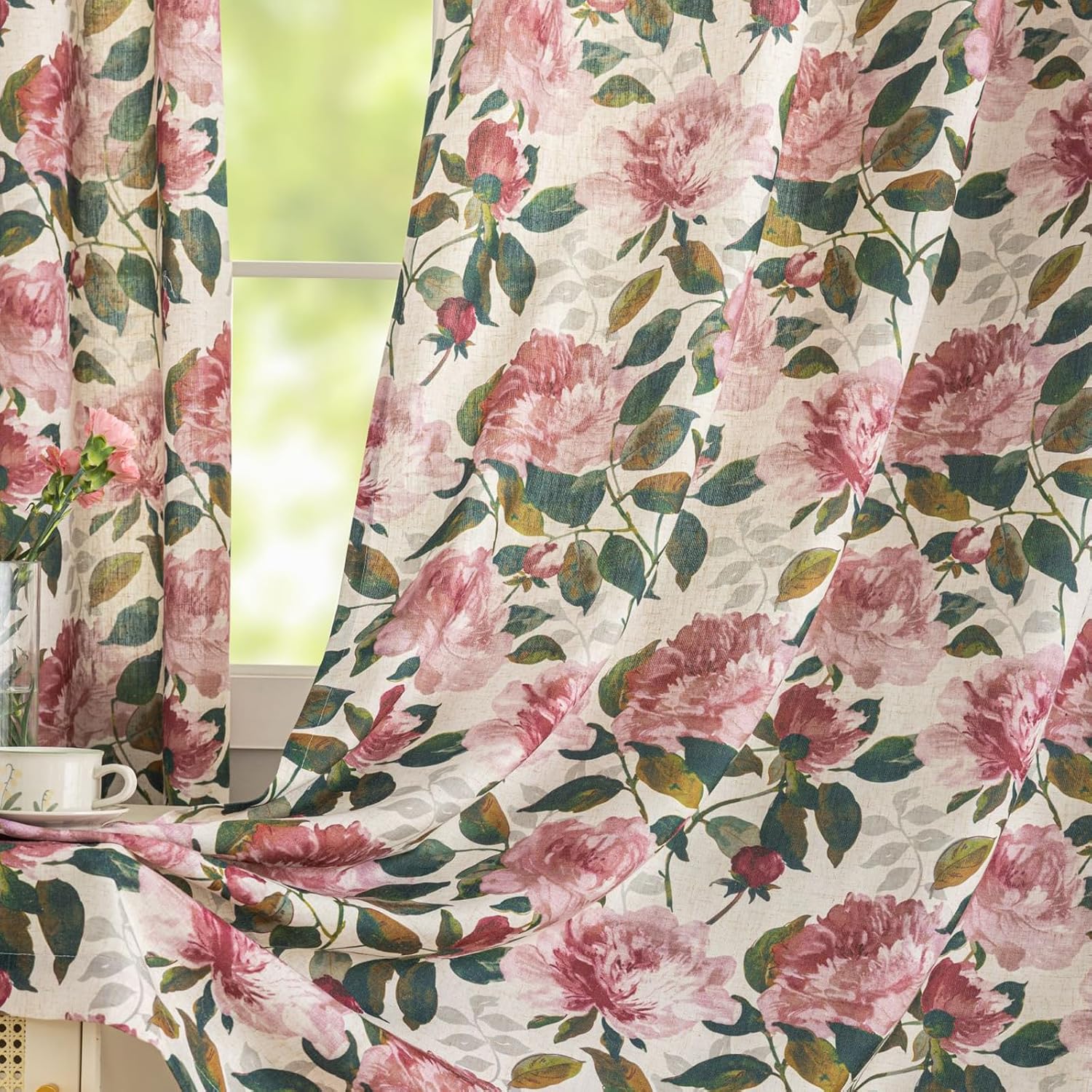 Floral Linen Curtains for Living Room 63 Inch Length Pink Flower Printed Pattern Shabby Chic Curtains Short  Curtains for Bedroom Spring Light Filtering Drapes Set of 2 Panels 50" W x 63" L