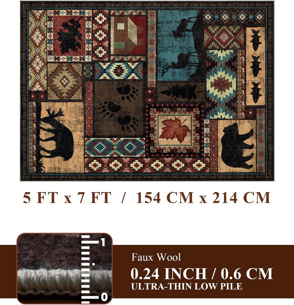 Modern Cabin Style Area Rug 5x7 for Living Room Bedroom, Washable Non Slip Low Pile Indoor Carpet with Animal Pattern