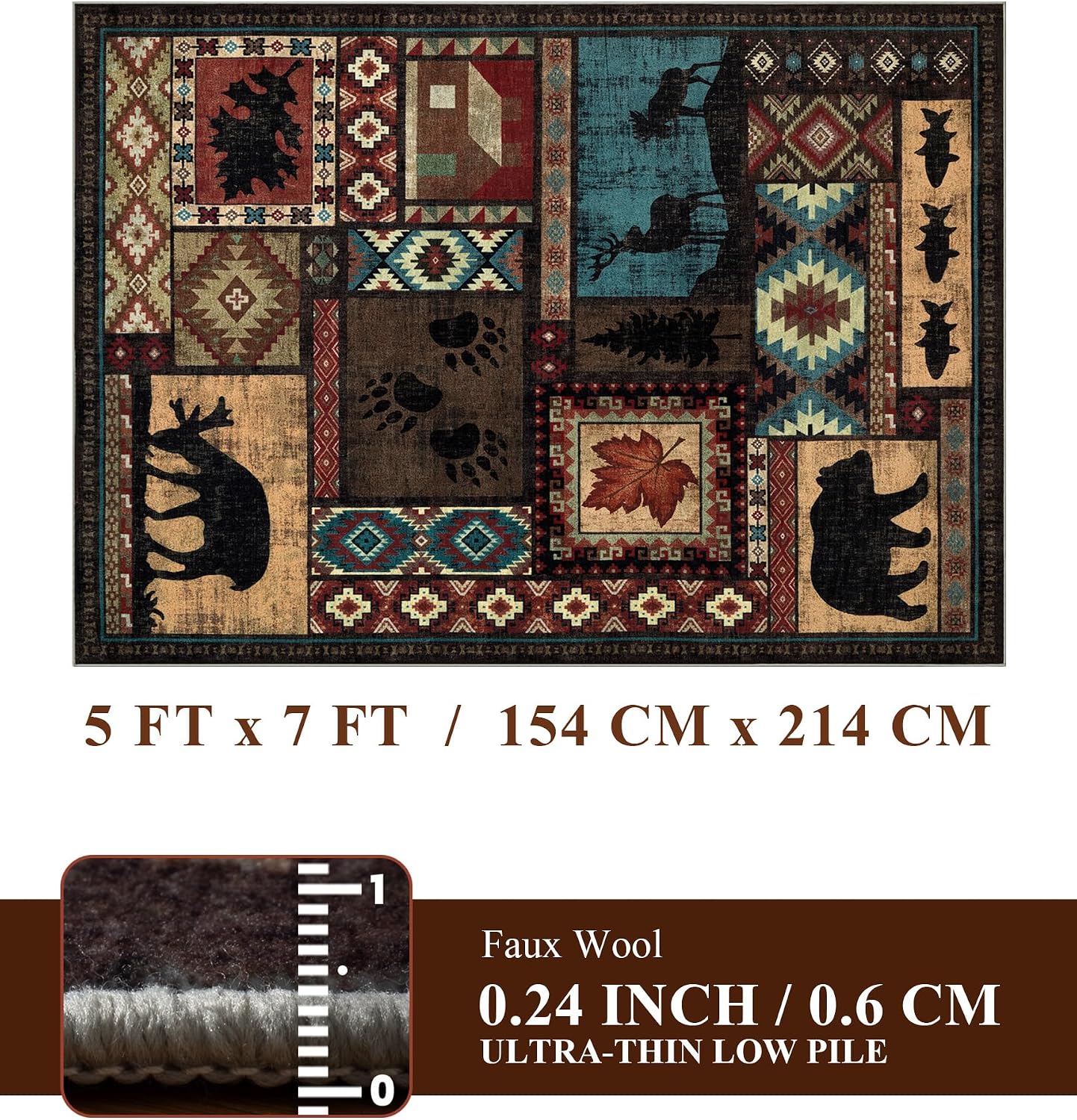 Modern Cabin Style Area Rug 5x7 for Living Room Bedroom, Washable Non Slip Low Pile Indoor Carpet with Animal Pattern