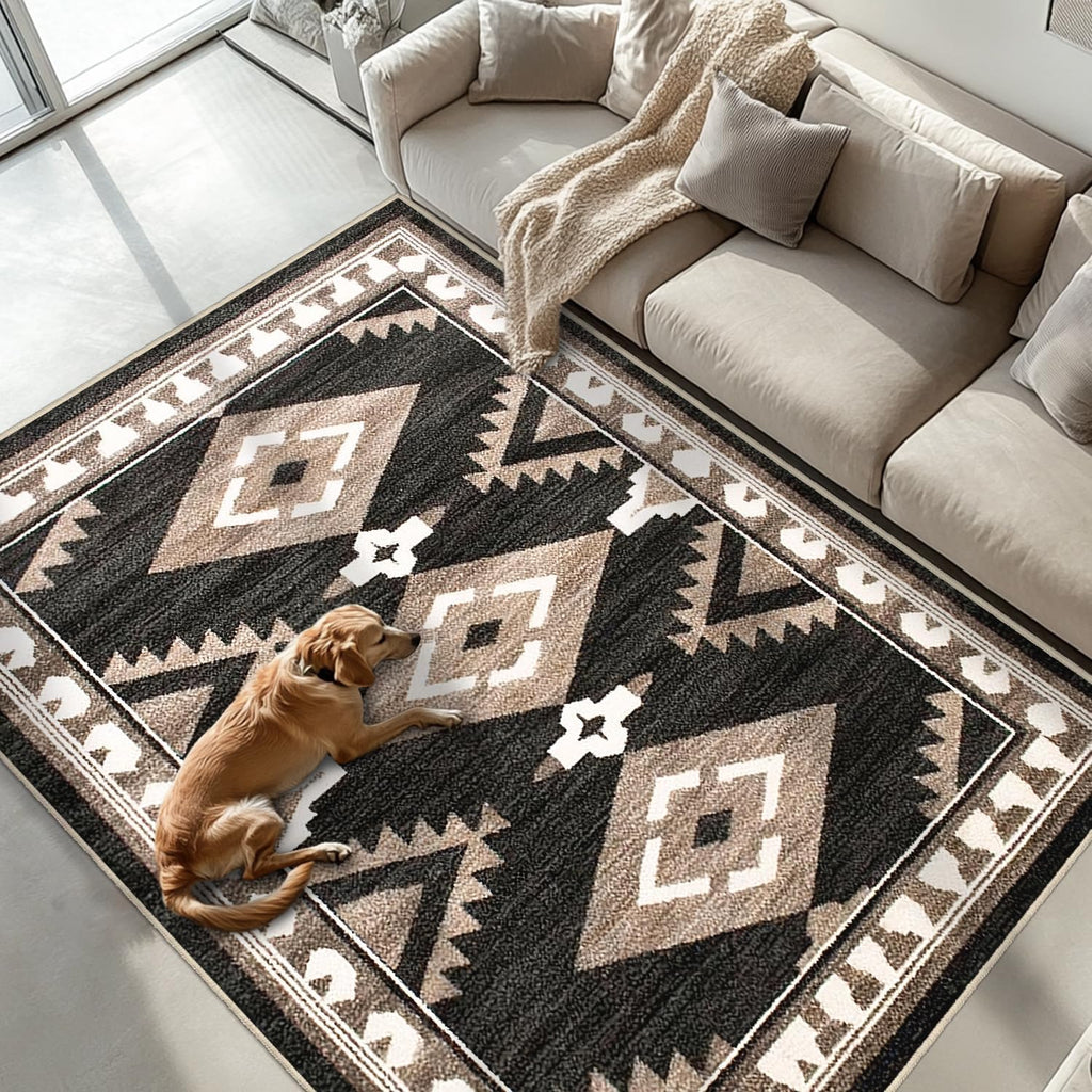 Washable Geometric Area Rug for Living Room Dining Room Bedroom, Non Slip Indoor Carpet with Abstract Pattern, Black White Brown