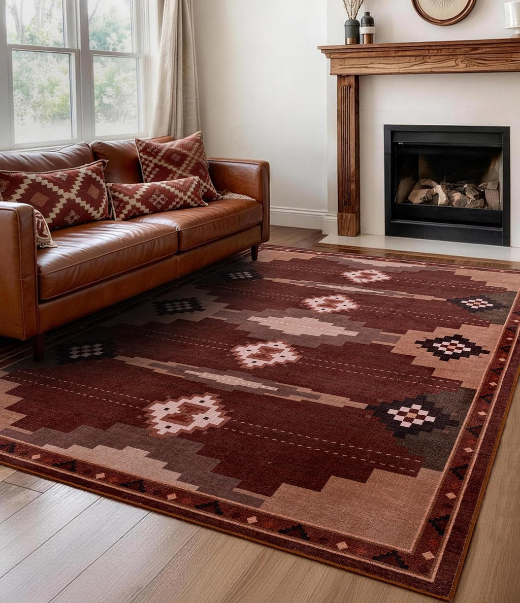 Modern 5x7 Area Rug for Living Room Bedroom, Soft Washable Non Slip Carpet for Dining Room Indoor Home Decor, Brown Red