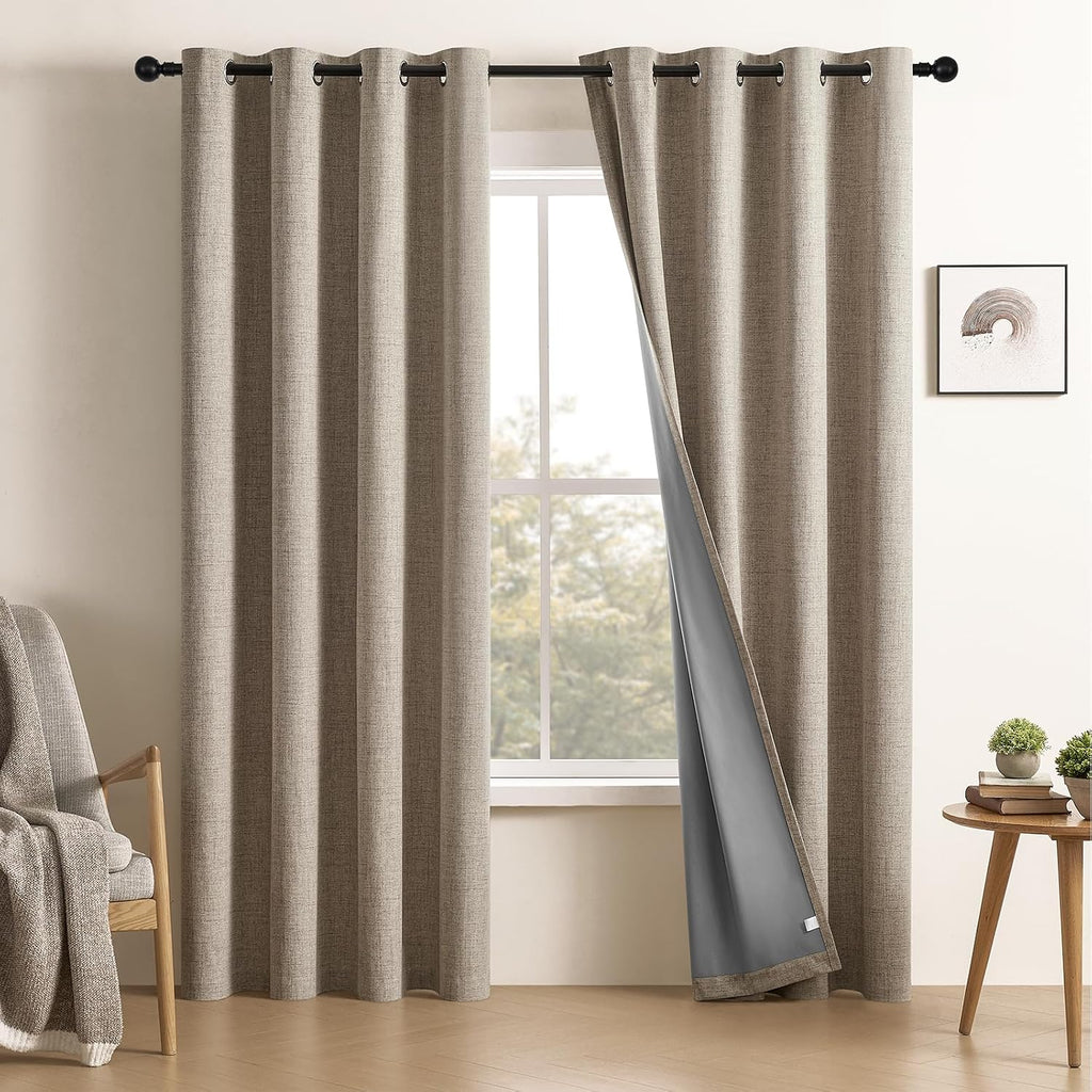 100% Blackout Window Curtains 84 inches Long 2 Panels Set, Faux Linen Look Thermal Insulated Grommet Drapes, Room Darkening Curtain for Bedroom Living Room(W52 x L84 Inch, Light Khaki)
