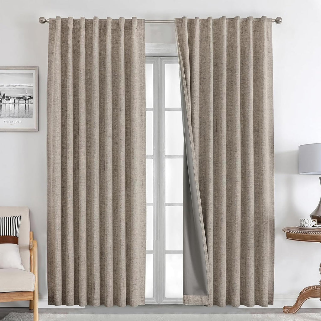 Natural Linen Curtains 84 inch Length 2 Panels Set Burg 100% Blackout Long Drapes for Bedroom Living Room Black Out Darkening Curtain Thermal Insulated Back tab Rod Pocket(52x84 inch,Linen)
