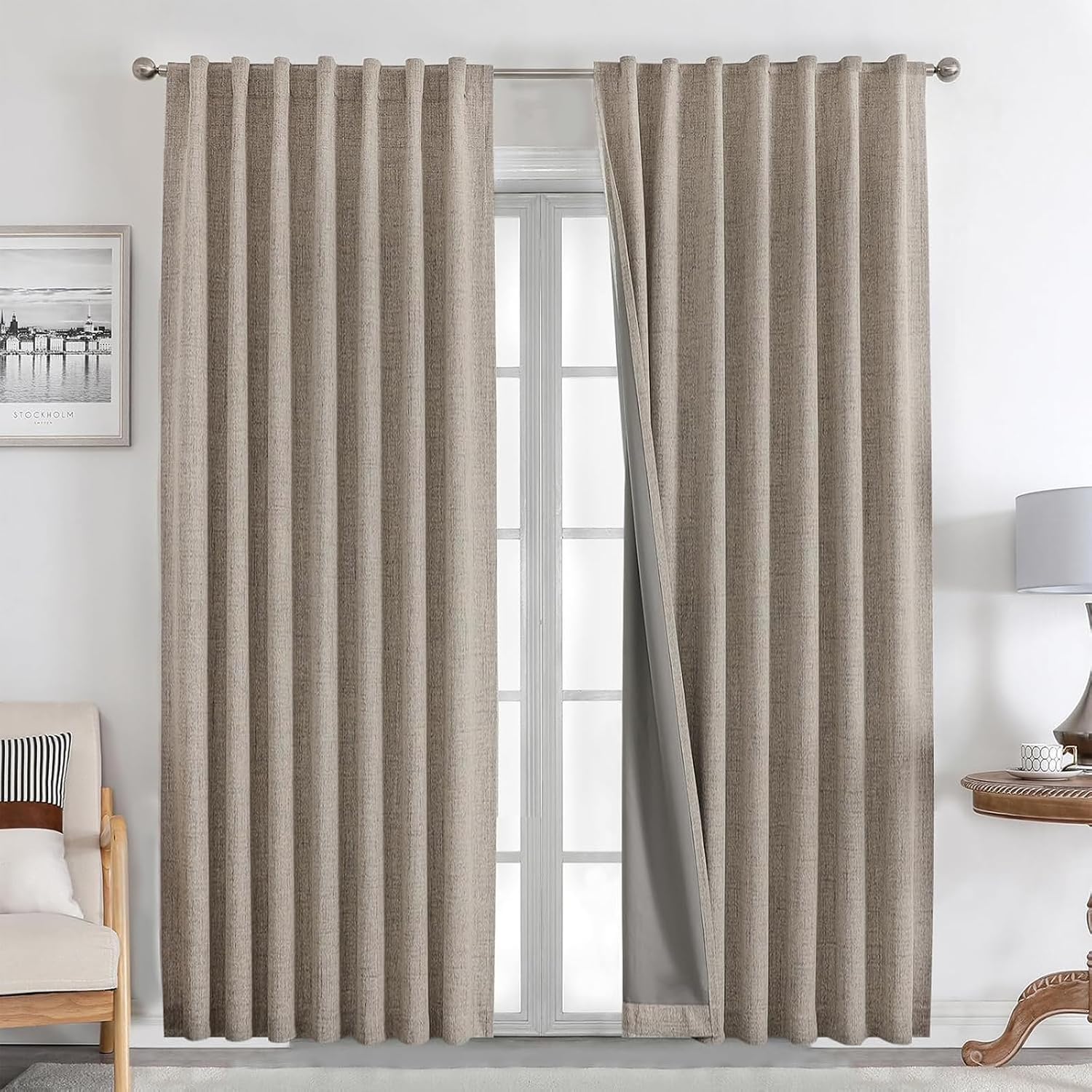 Natural Linen Curtains 84 inch Length 2 Panels Set Burg 100% Blackout Long Drapes for Bedroom Living Room Black Out Darkening Curtain Thermal Insulated Back tab Rod Pocket(52x84 inch,Linen)