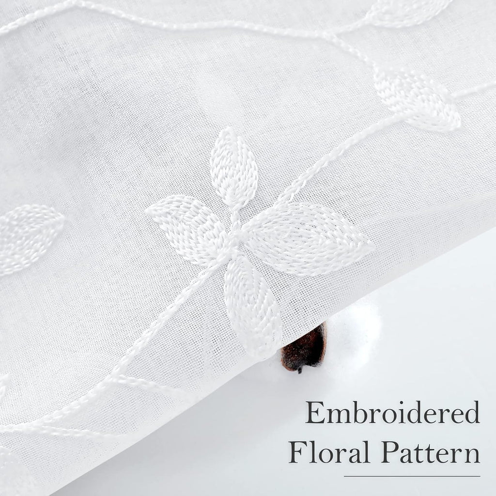 White Sheer Curtains 52 X 63 Inches Length 2 Panels Embroidered Vine Floral Pattern Pocket Faux Linen Semi Sheer Voile Window Drapes for Bedroom Living Room