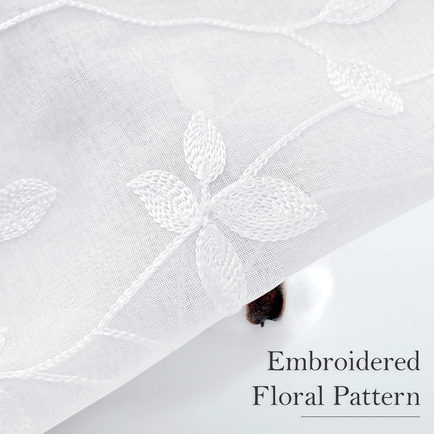 White Sheer Curtains 52 X 63 Inches Length 2 Panels Embroidered Vine Floral Pattern Pocket Faux Linen Semi Sheer Voile Window Drapes for Bedroom Living Room