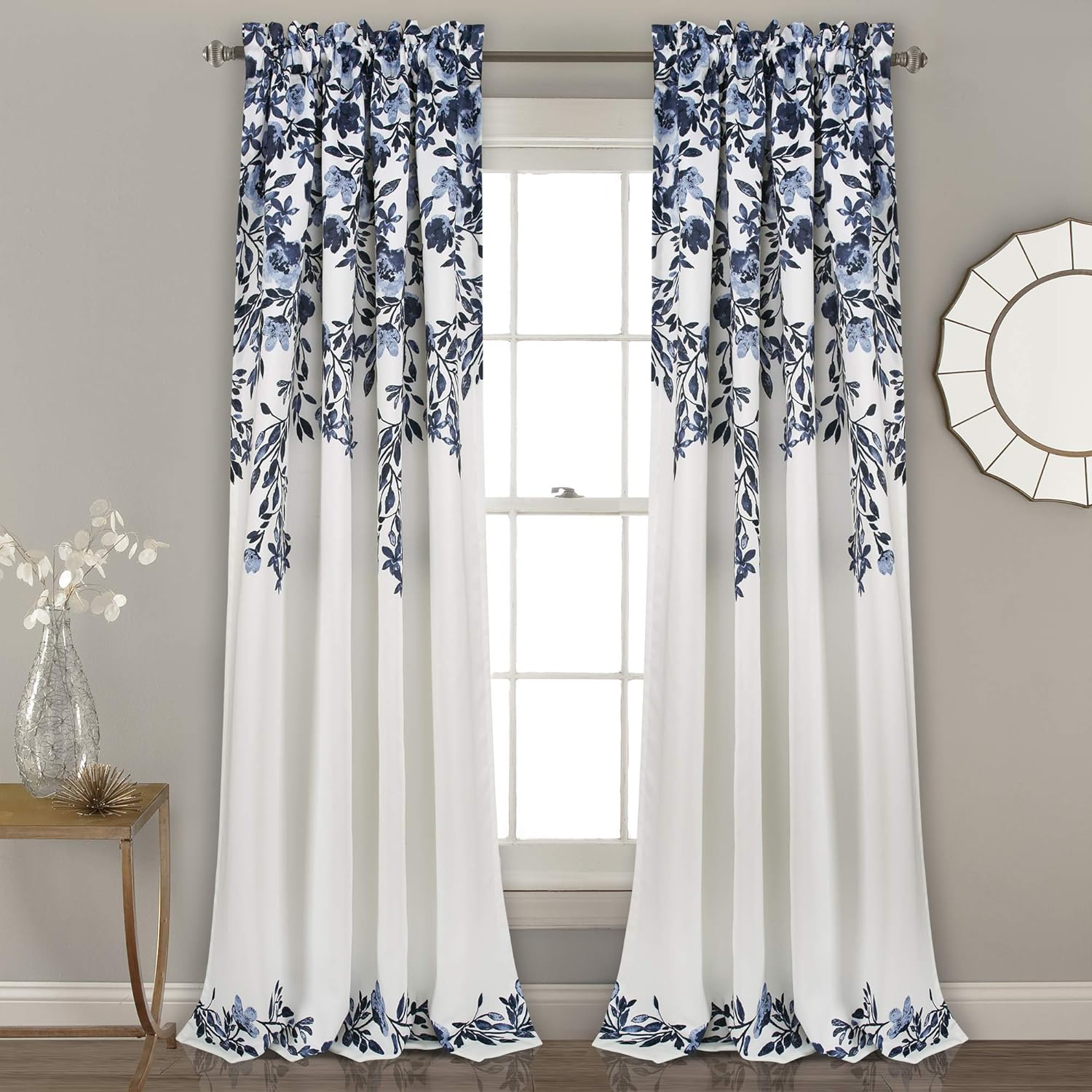 Curtains - Light Filtering Window Panel Set, Pair - Floral Vine Print, Beautiful, Modern, Elegant Home Decor - 52" W x 84" L, Navy & White