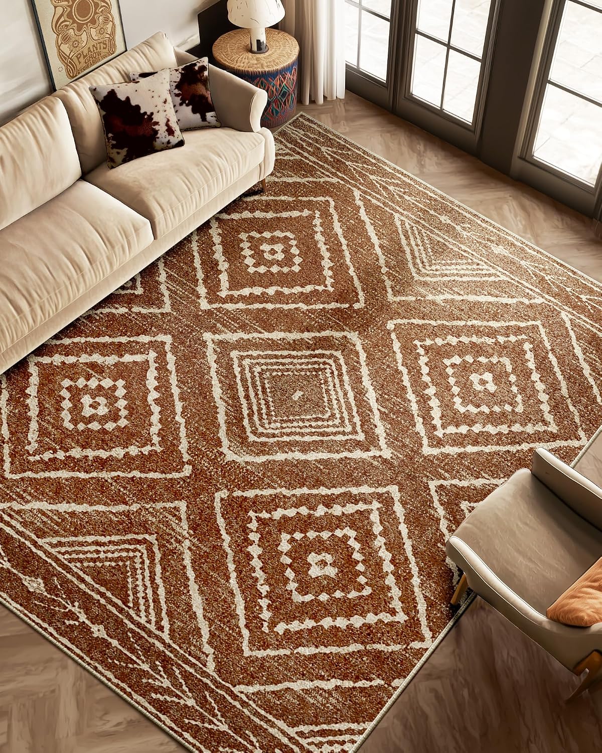 Machine Washable 5x7 Area Rug, Non Slip Low Pile Printed Carpet for Living Room Bedroom Entryway, Brown Cream Indoor Rug