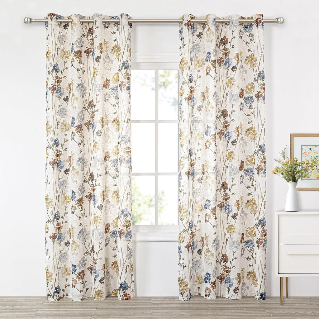 Linen Curtains for Living Room Floral Patterned Semi Sheer Vertical Drapes Decor Farmhouse Style Texture for Dining Room Light Soften Privacy, Yellow, W52 x L84, Pack-2