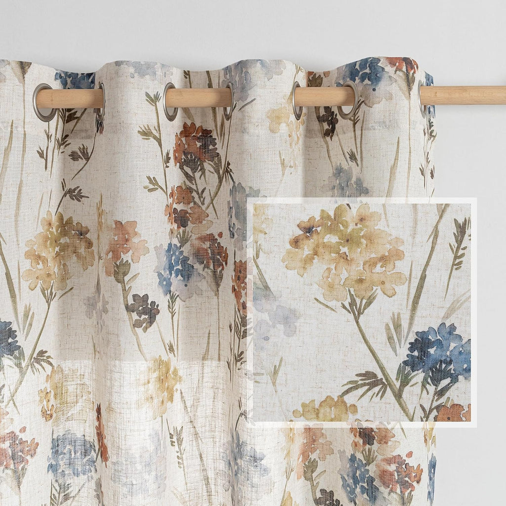 Linen Curtains for Living Room Floral Patterned Semi Sheer Vertical Drapes Decor Farmhouse Style Texture for Dining Room Light Soften Privacy, Yellow, W52 x L84, Pack-2