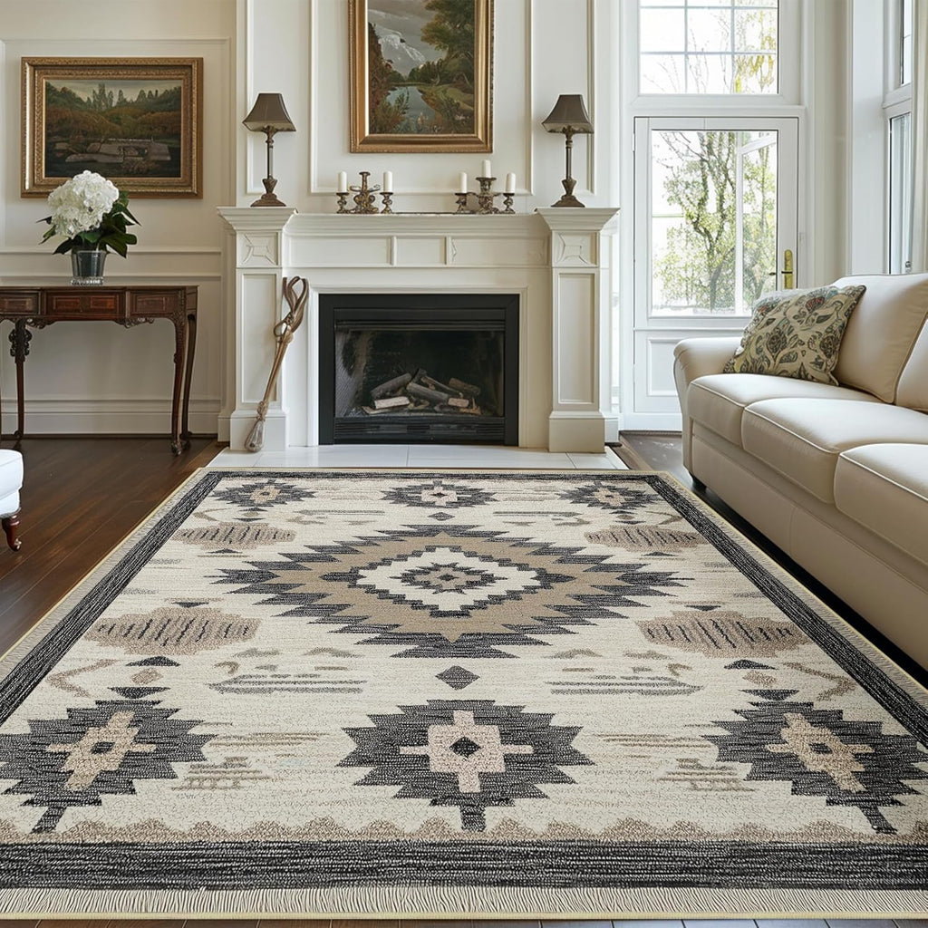 Tribal Pattern Area Rug 5x7 for Living Room Bedroom, Machine Washable Low Pile Indoor Carpet, Non Slip Beige Floor Rug
