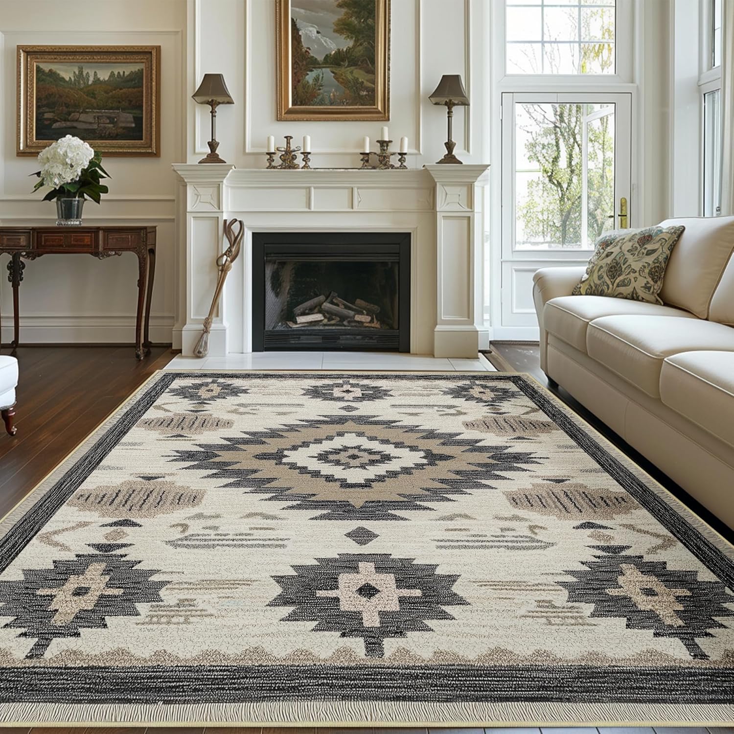 Tribal Pattern Area Rug 5x7 for Living Room Bedroom, Machine Washable Low Pile Indoor Carpet, Non Slip Beige Floor Rug