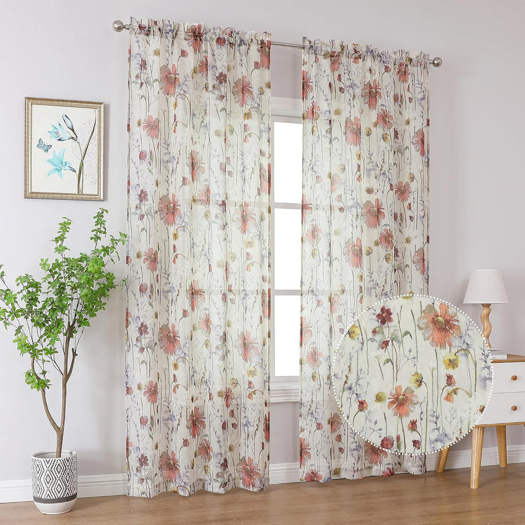 Crushed Sheer Curtains 84 Inch Length 2 Panels Set, Sheer Floral Curtains Printed Drapes on Sheers for Living Room, Rod Pocket Light Filtering Window Sheers (2 Panels, 42" x 84")