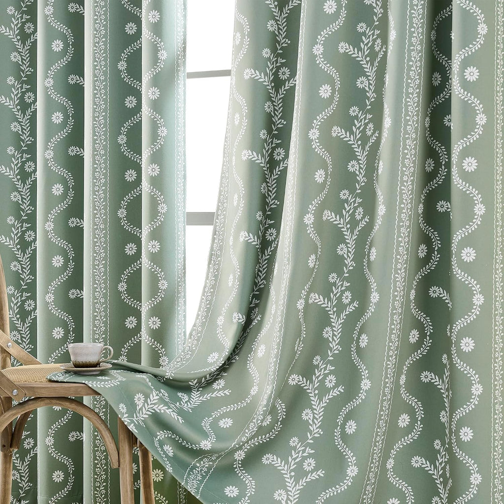 Blackout Curtains for Bedroom, Boho Sage Green Floral Curtain 84 Inch Length 2 Panels, Vintage Farmhouse Printed Patterned Curtains Tassels Country Drapes