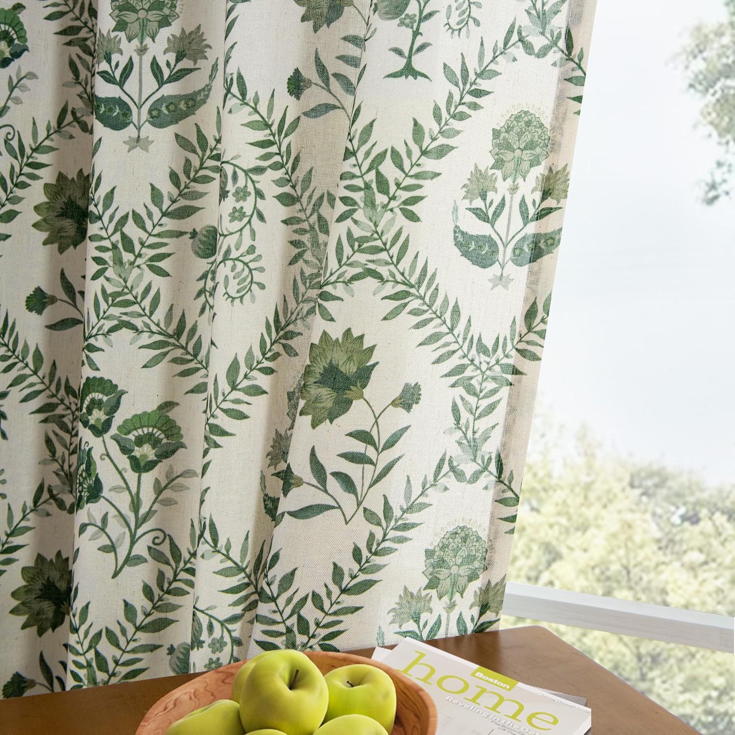 Green Floral Linen Curtains for Living Dining Room 96 Inch Length 2 Panels Olive Plant Flower Patterned Printed Curtains Back Tab Semi Sheer Farmhouse Rustic French Country Drape for Bedroom 8FT
