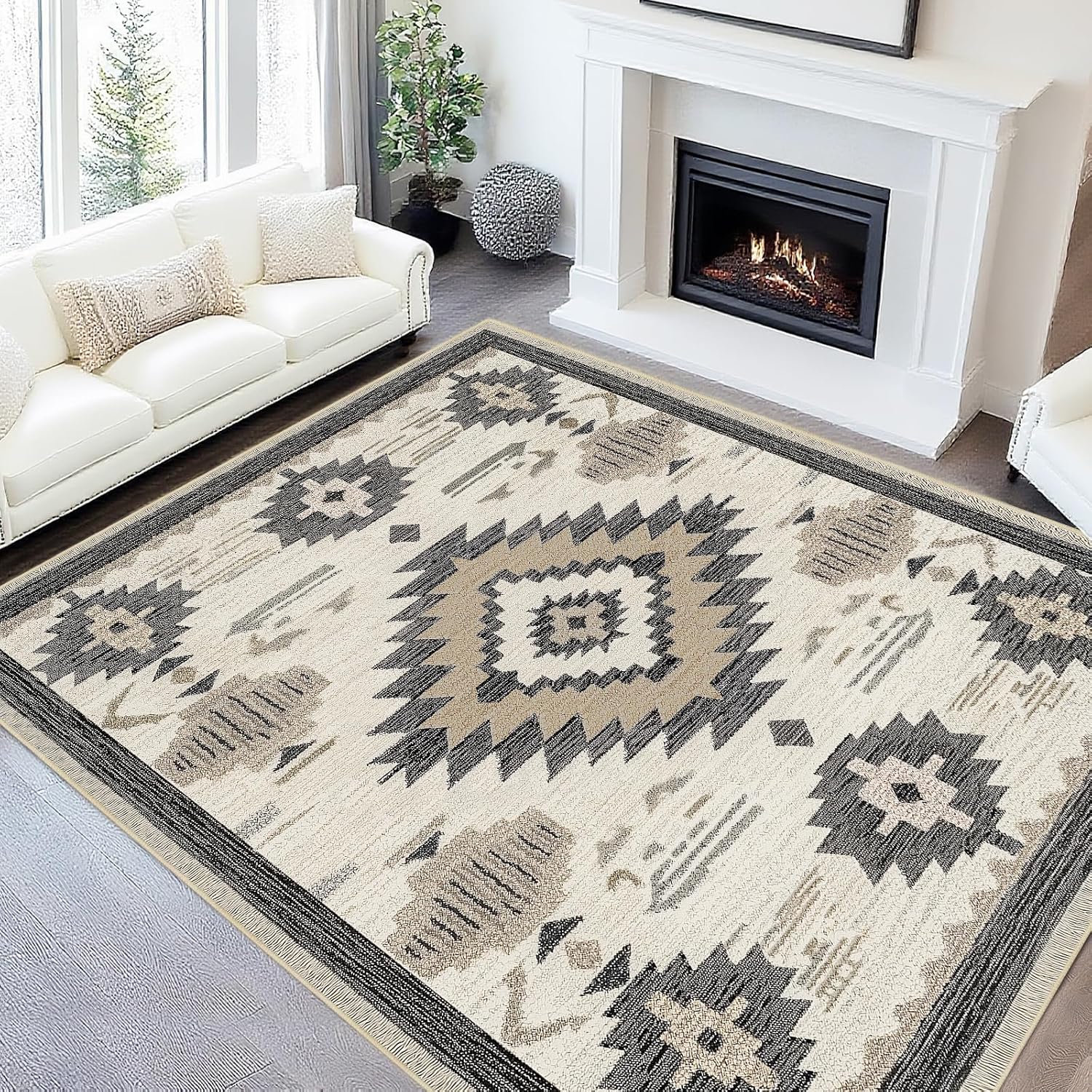 Tribal Pattern Area Rug 5x7 for Living Room Bedroom, Machine Washable Low Pile Indoor Carpet, Non Slip Beige Floor Rug