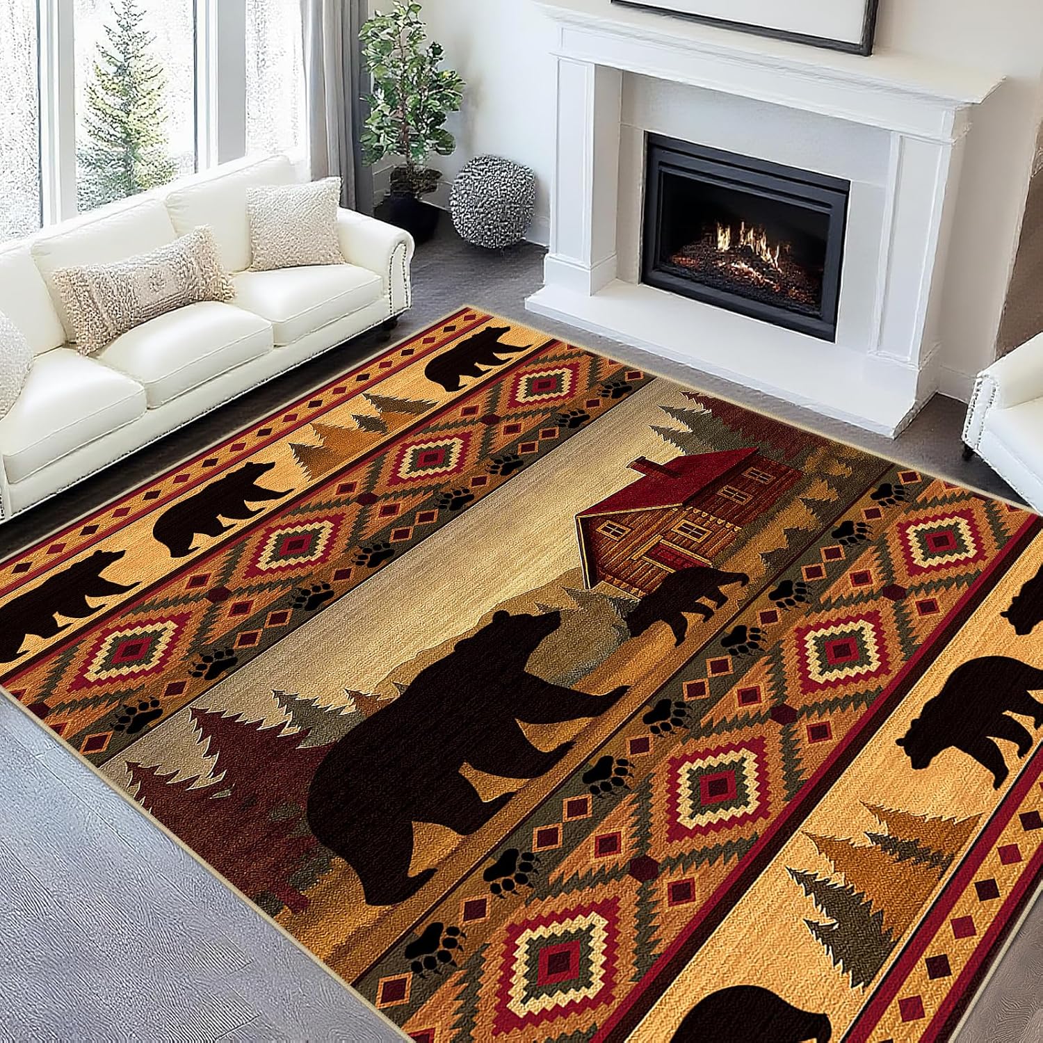 Animal Pattern Area Rug 5x7 for Living Room Bedroom, Washable Non Slip Low Pile Indoor Carpet, Brown