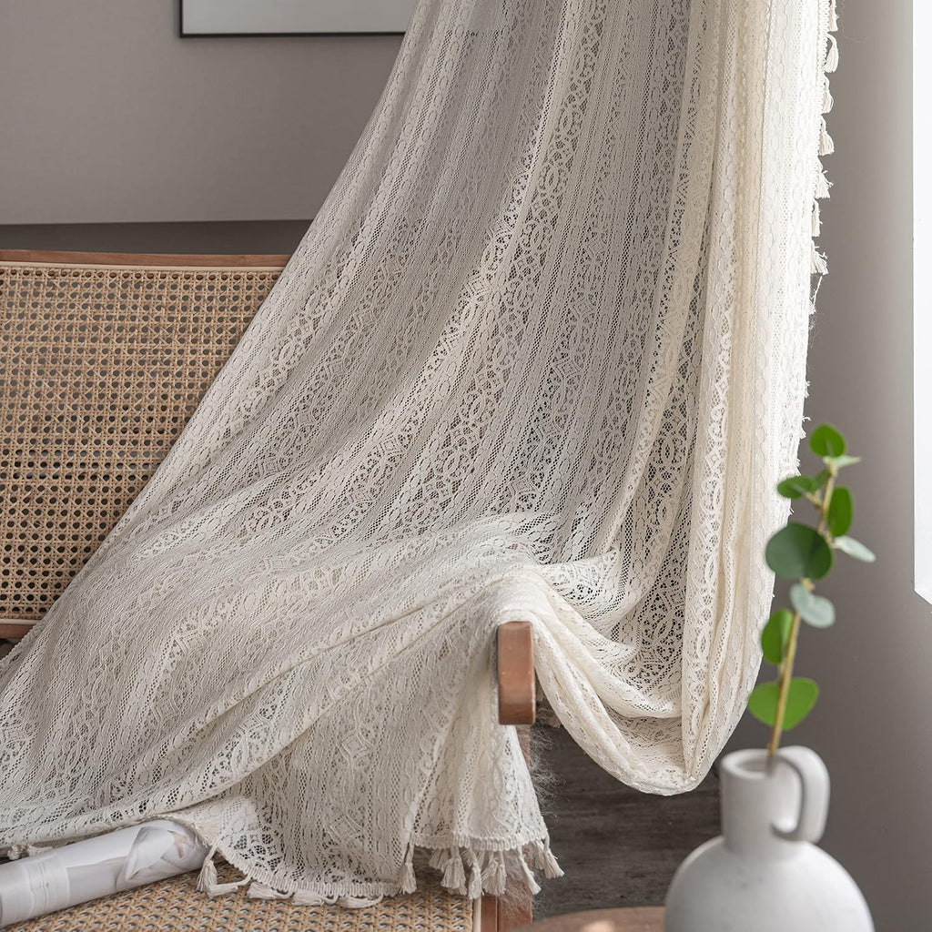 Boho Lace Curtains with Tassel, Vintage Geometric Neutral 63 inch Length 2 Panel Rod Pocket Boho Curtains for Bedroom Living Room, Beige Sheer