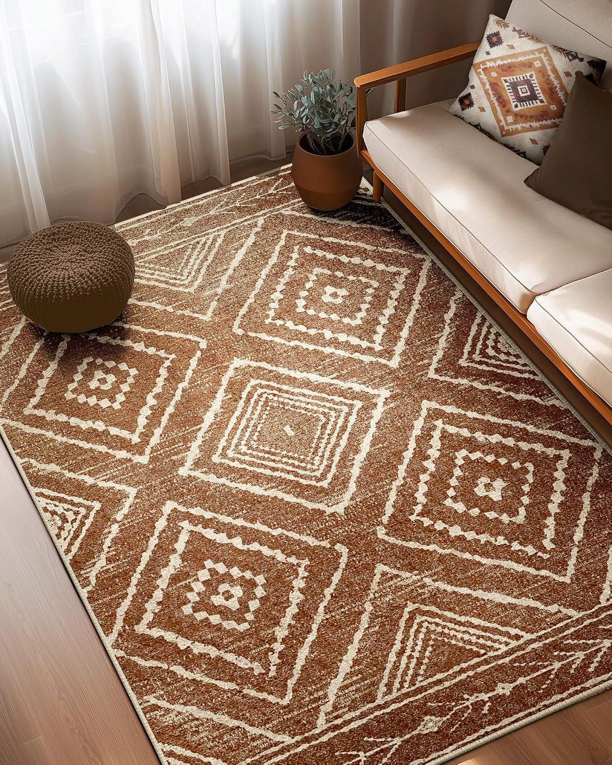 Machine Washable 5x7 Area Rug, Non Slip Low Pile Printed Carpet for Living Room Bedroom Entryway, Brown Cream Indoor Rug