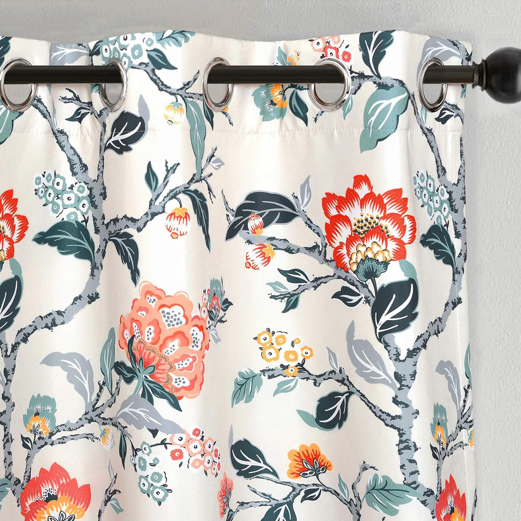 Floral Botanical Print Flower Leaf Lined Thermal Insulated Room Darkening Blackout Window Curtains 2 Layers Set of 2 Panels Each 52 Inch by 84 Inch Ivory Orange Teal