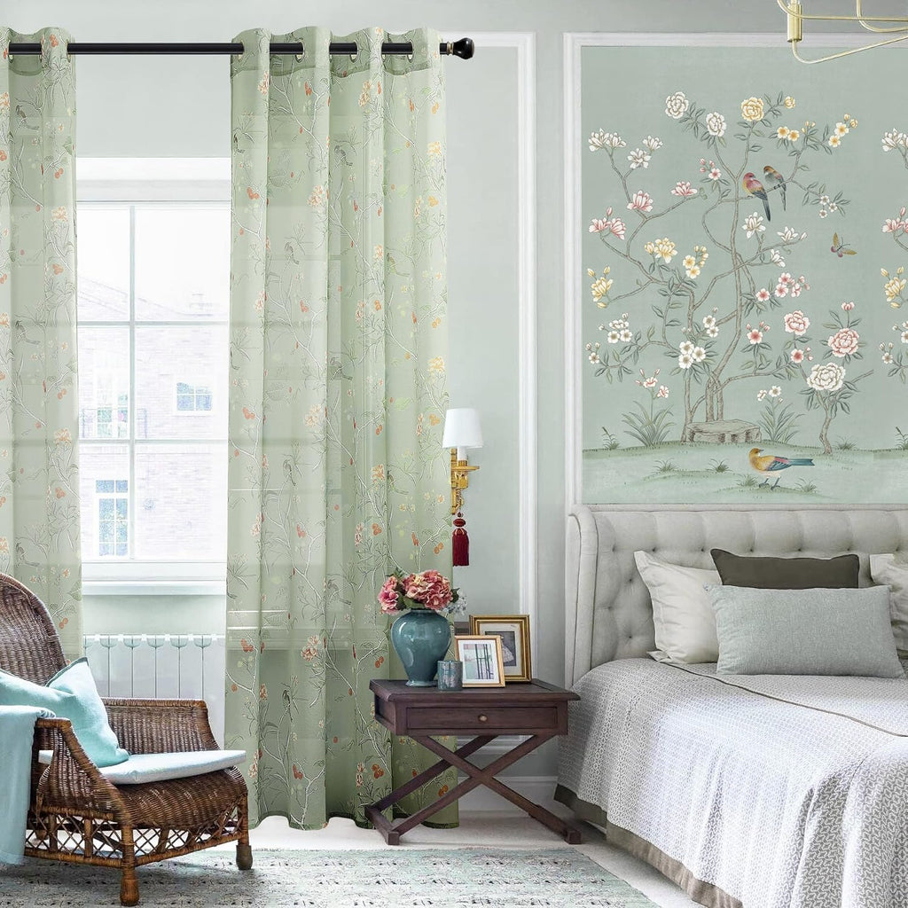 Sage Green Curtains for Living Room 84 Inches Long 2 Panels Set Leaf Spring Printed Pattern Floral Bird Window Curtain Panels for Bedroom Aesthetic,Light Green