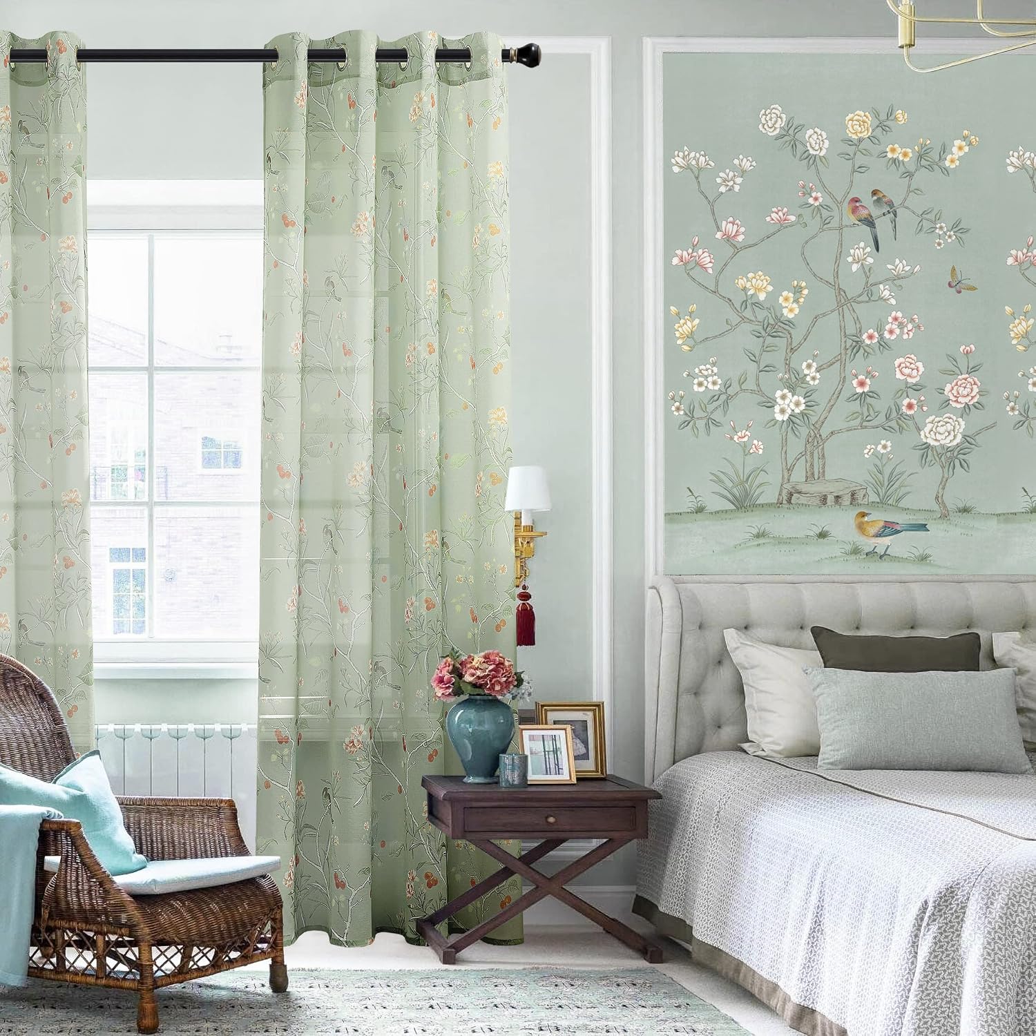 Sage Green Curtains for Living Room 84 Inches Long 2 Panels Set Leaf Spring Printed Pattern Floral Bird Window Curtain Panels for Bedroom Aesthetic,Light Green