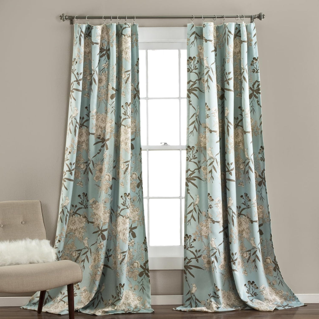 Botanical Garden Curtains Floral Bird Print Light Filtering Window Panel Drapes Set for Living, Dining, Bedroom (Pair), Blue, 52"W x 84L"