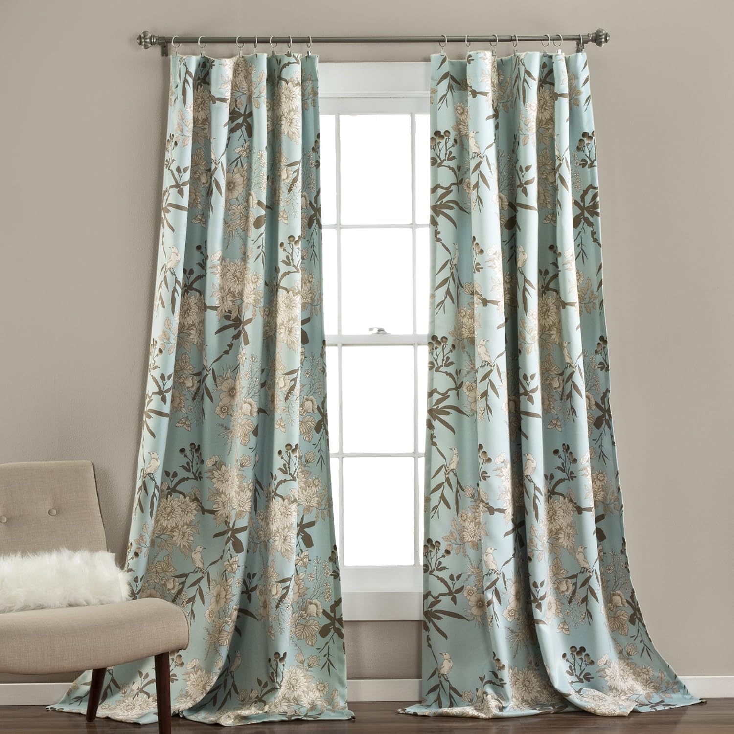 Botanical Garden Curtains Floral Bird Print Light Filtering Window Panel Drapes Set for Living, Dining, Bedroom (Pair), Blue, 52"W x 84L"