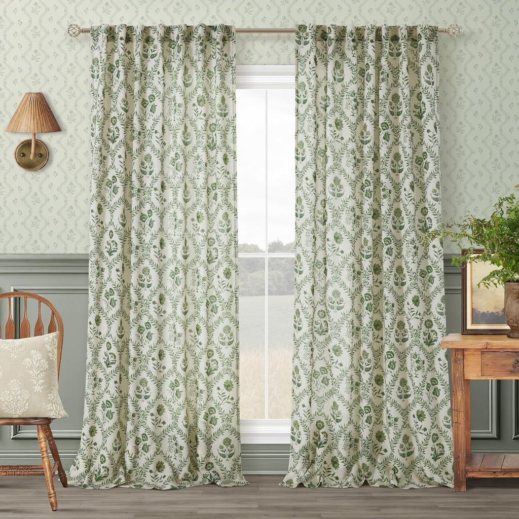 Green Floral Linen Curtains for Living Dining Room 96 Inch Length 2 Panels Olive Plant Flower Patterned Printed Curtains Back Tab Semi Sheer Farmhouse Rustic French Country Drape for Bedroom 8FT