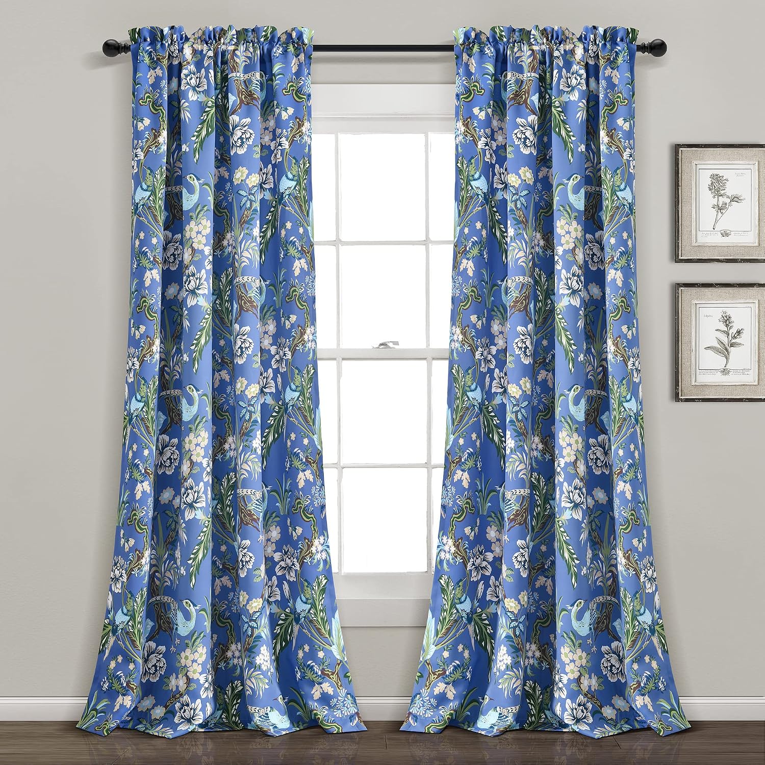 Light Filtering Window Panels, Pair, 52" W x 84" L, Blue & Green - Toile Curtains - Floral Bird Print -  & French Country Curtains - Cottage & Maximalist