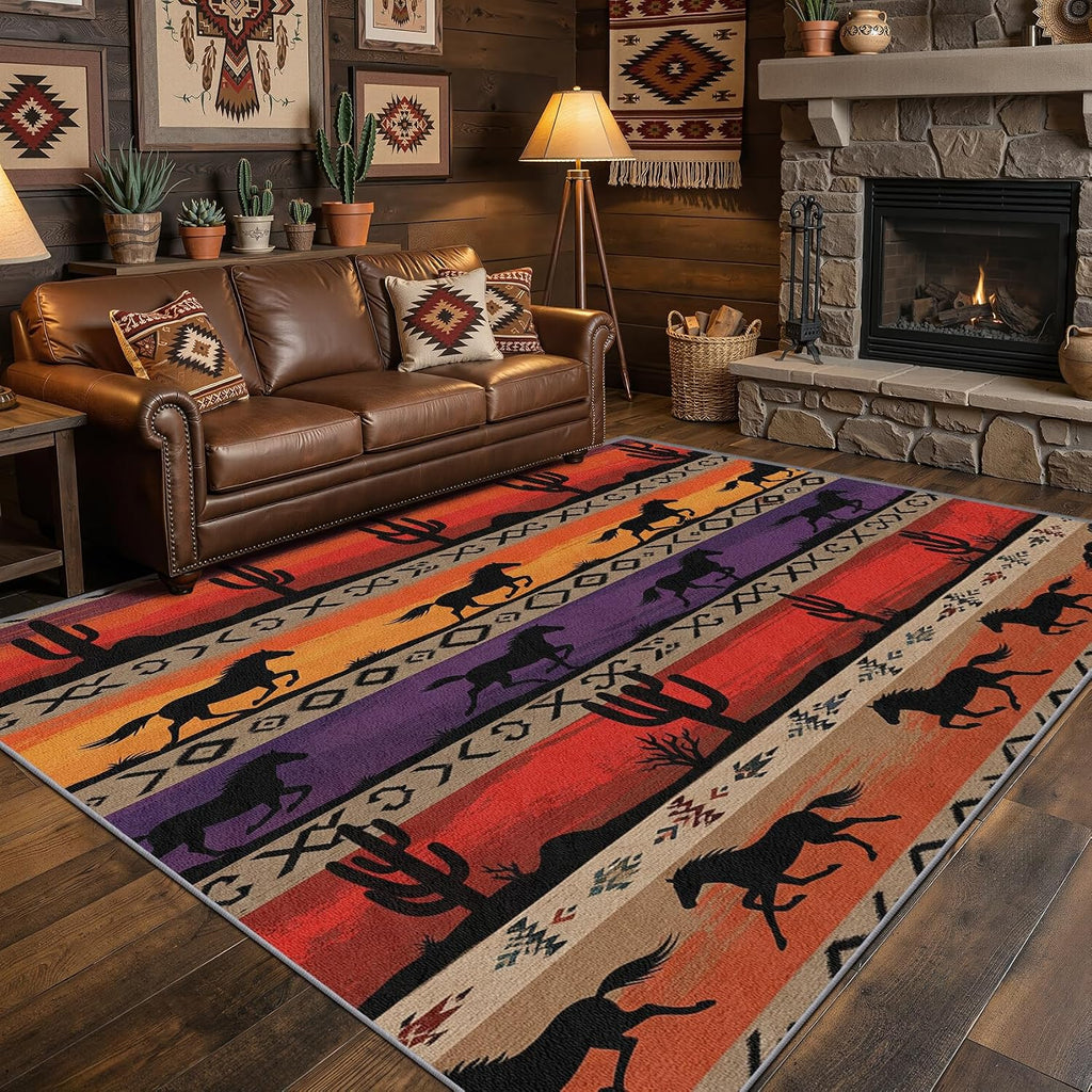 Horse Pattern Area Rug 3x5 for Entryway Office Hallway, Washable Non Slip Decorative Carpet with Desert Design
