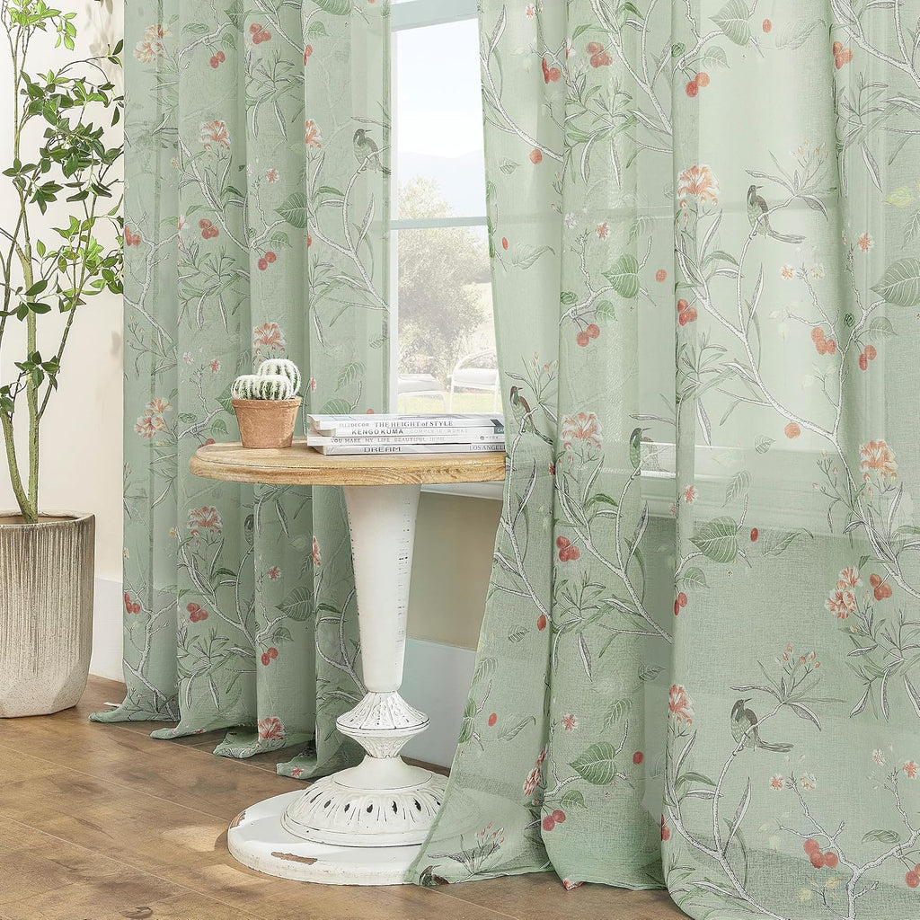 Sage Green Curtains for Living Room 84 Inches Long 2 Panels Set Leaf Spring Printed Pattern Floral Bird Window Curtain Panels for Bedroom Aesthetic,Light Green