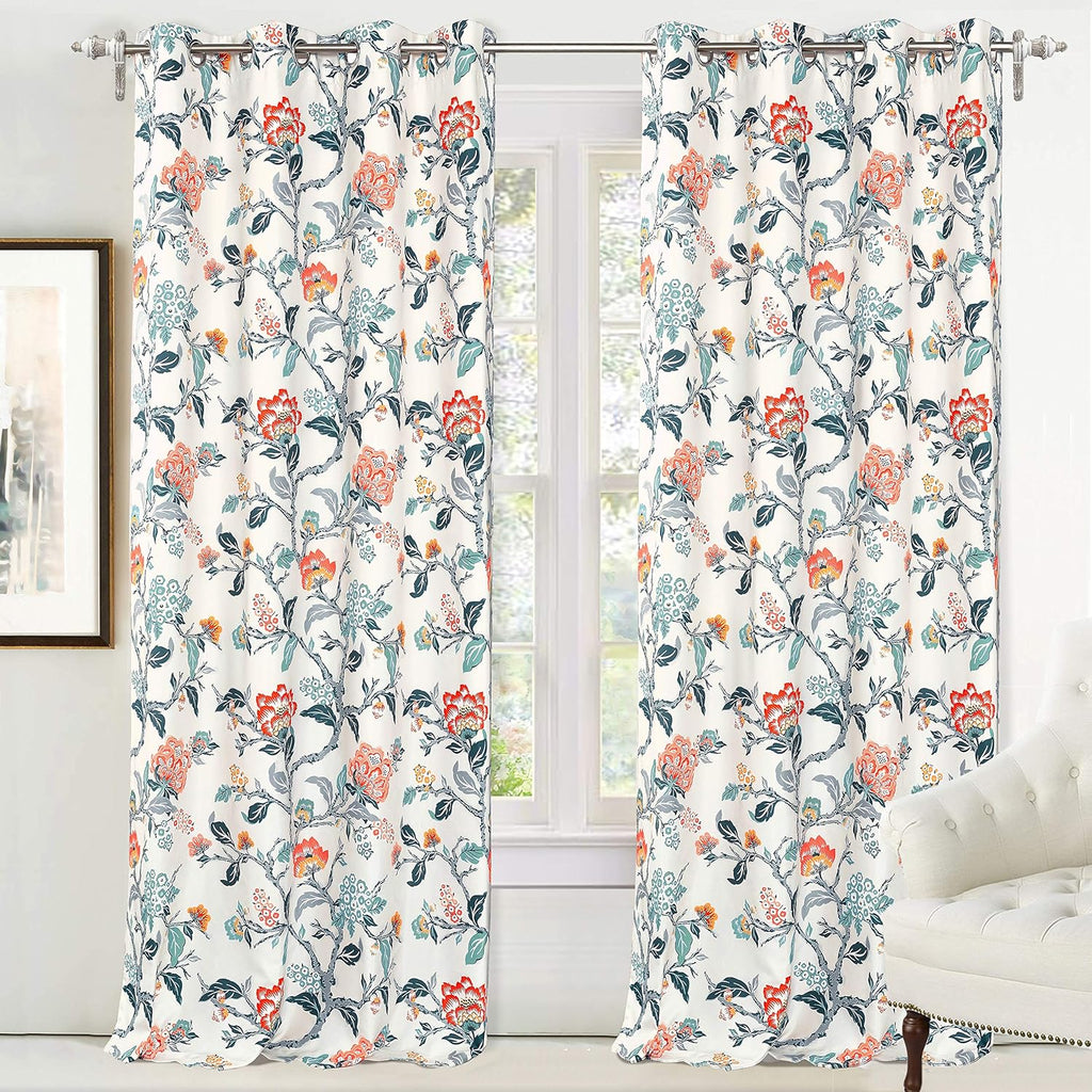 Floral Botanical Print Flower Leaf Lined Thermal Insulated Room Darkening Blackout Window Curtains 2 Layers Set of 2 Panels Each 52 Inch by 84 Inch Ivory Orange Teal