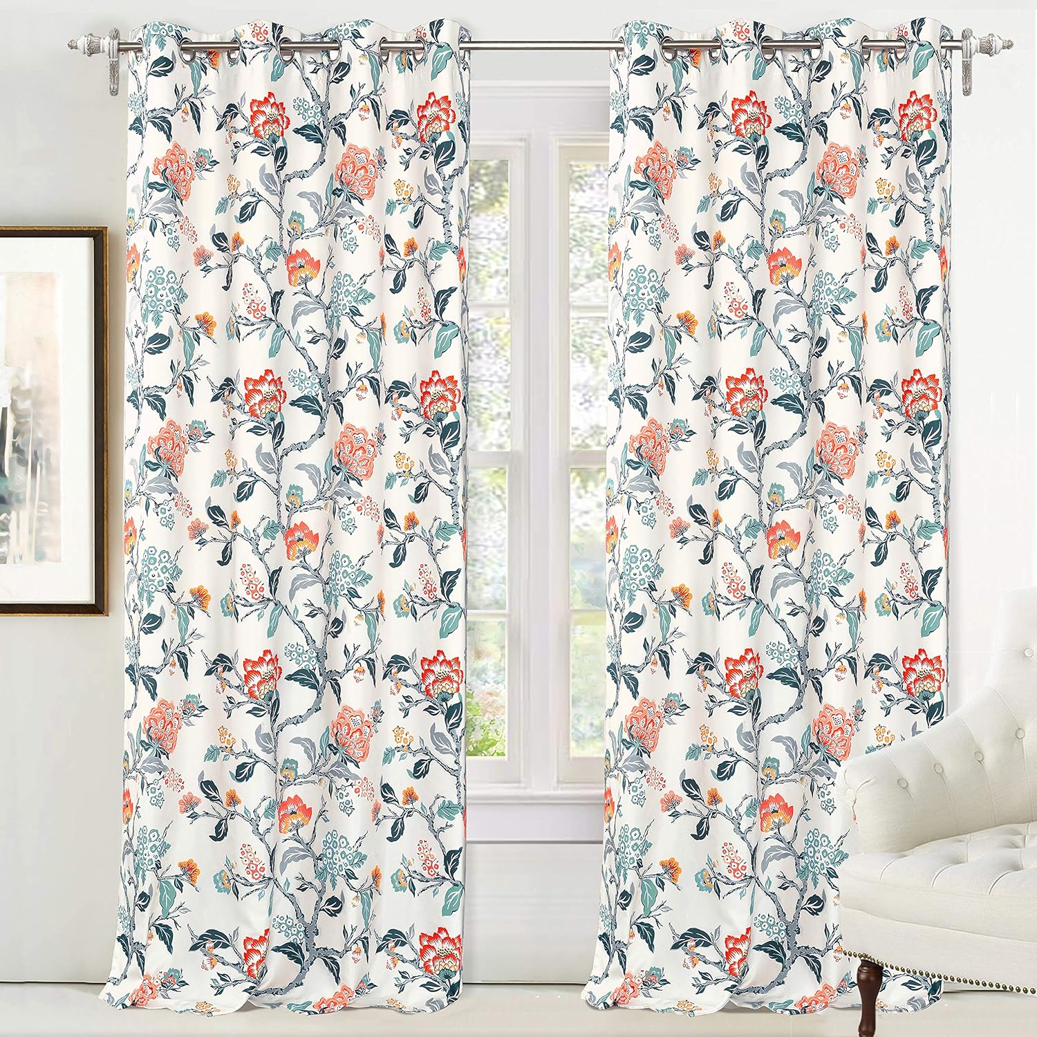 Floral Botanical Print Flower Leaf Lined Thermal Insulated Room Darkening Blackout Window Curtains 2 Layers Set of 2 Panels Each 52 Inch by 84 Inch Ivory Orange Teal